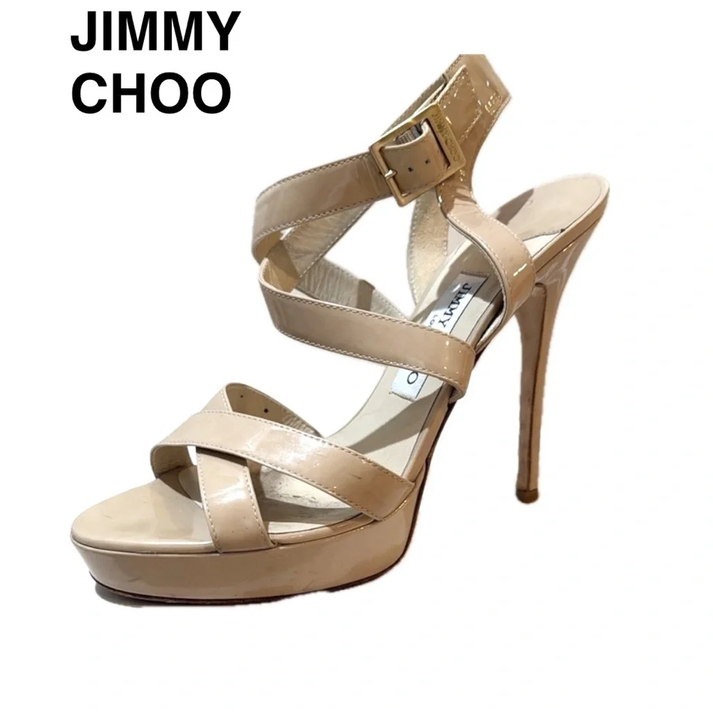 Jimmy Choo Beige Patent Strappy Heels - Picture 2 of 3